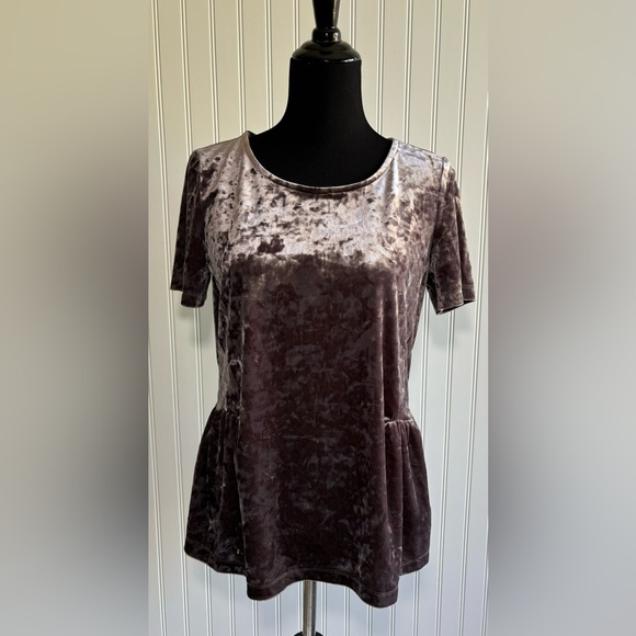 Pleione Crushed Velvet Peplum Blouse Purple Tie Back Womens Size Small - Picture 2 of 16